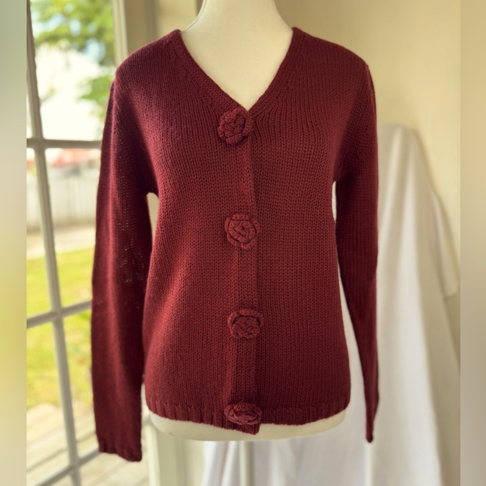 Burgundy Cardigan Sweater w/Flower Knitted Buttons